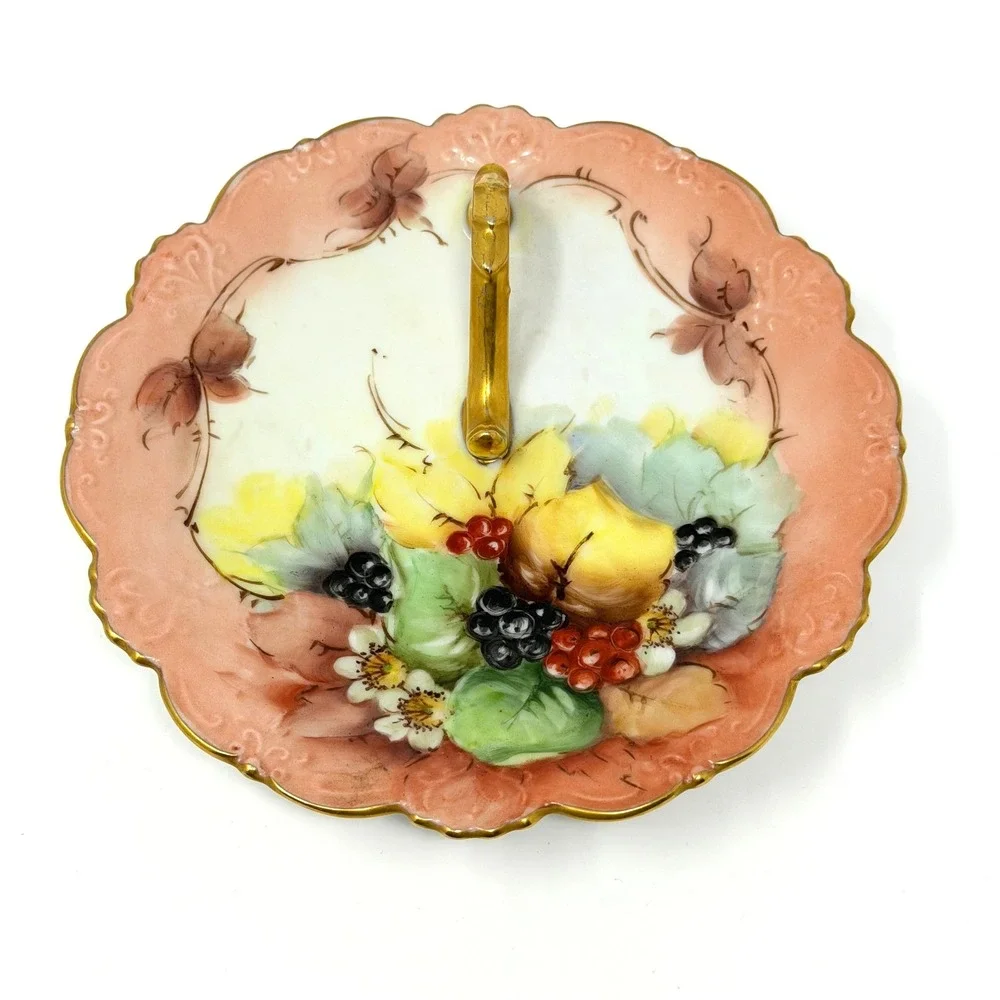 C‎ Durflinger Handled Plate Hand Painted Fruit Porcelain Peach Gold 6.5 In